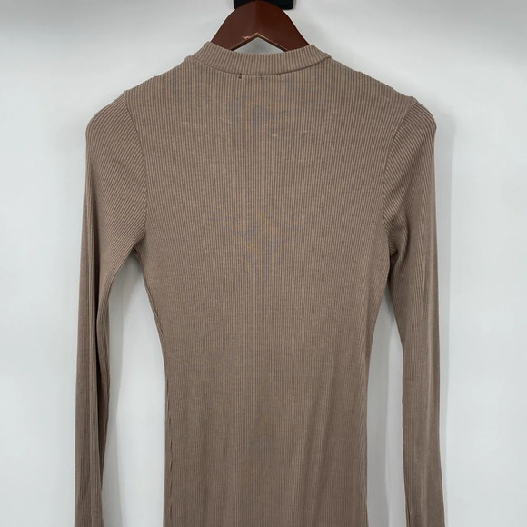 Monrow Rib Zip up Dress Womens Sz Small Tan Tencel Long Sleeves Bodycon Mini Zip - Picture 10 of 12